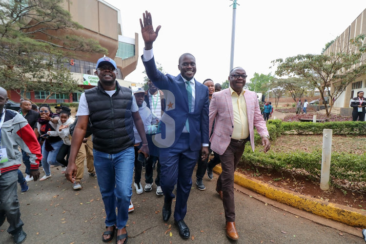 Nairobi County Governor elect Johnson Sakaja accompanied by his Deputy Njoroge Muchiri leaving Kasarani tallying center on Sunday, August 14,2022.