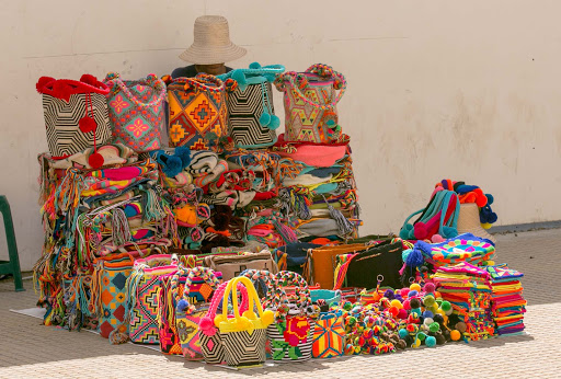A textiles stall at Plaza de la Proclamacion in Old Cartagena, Colombia. 