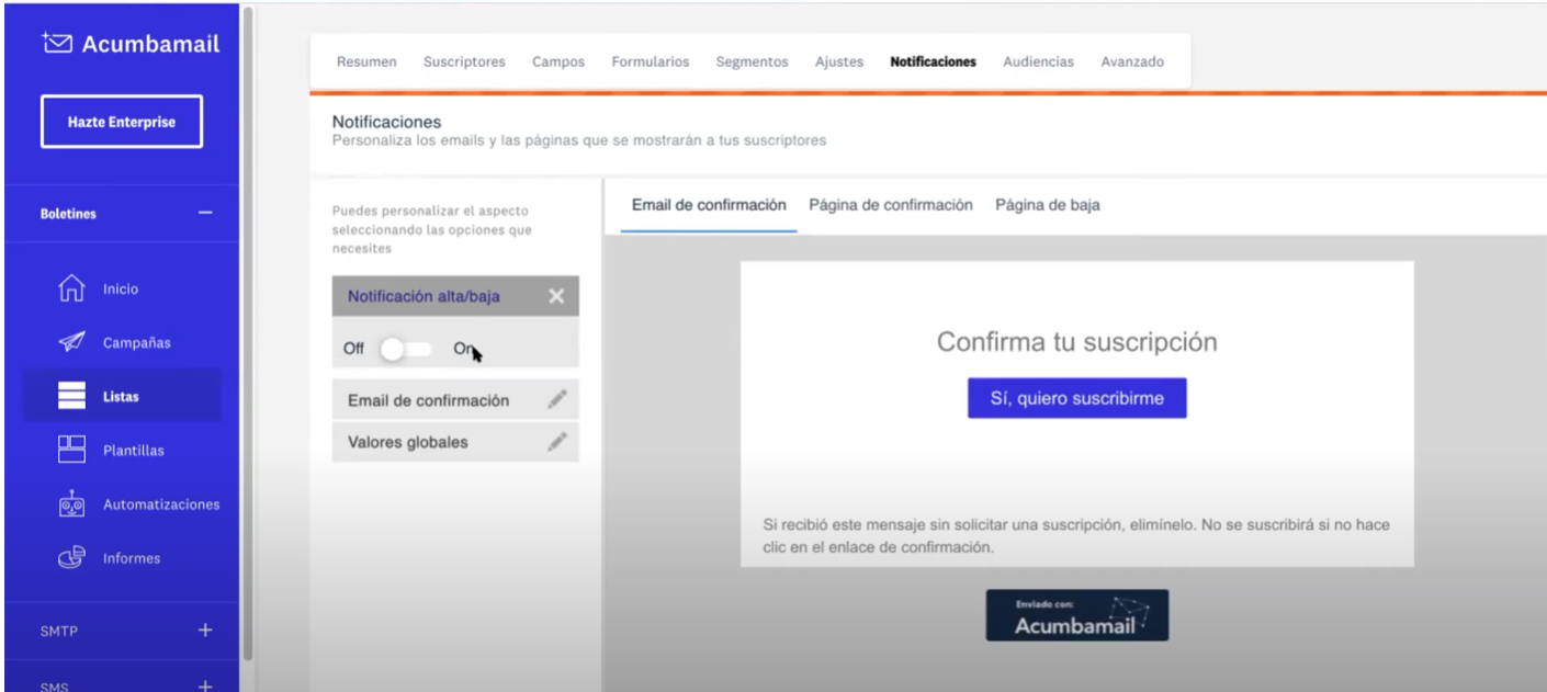 panel de notificaiones de acumbamail