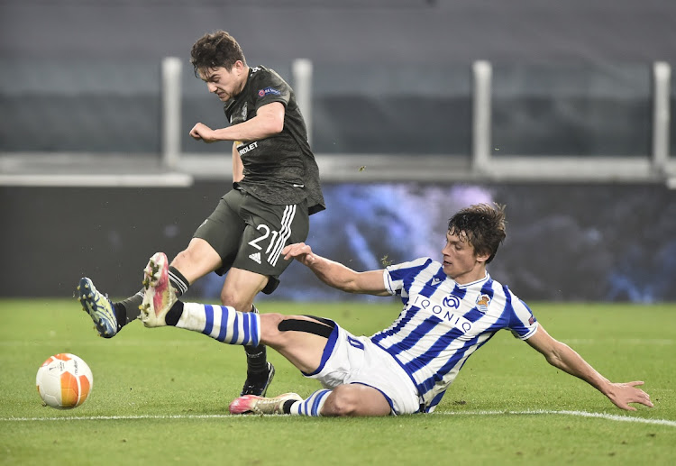 Manchester United’s Daniel James scores their fourth goal against Real Sociedad in the Europa League on Thursday