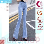 Quần Jean Nữ Ống Loe Qro75 Rosata Tại Bcashop Dáng Dài Thêu Hoa, Lưng Cao 2 Nút, Phom Chuẩn, Chất Liệu Jean Cao Cấp