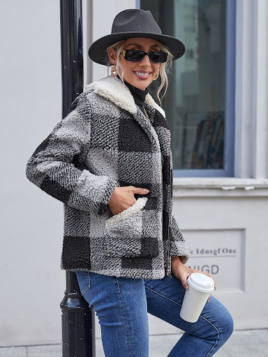 Title 2, Casual Check Plush Lapel Jacket Lamb Fleece Che...
