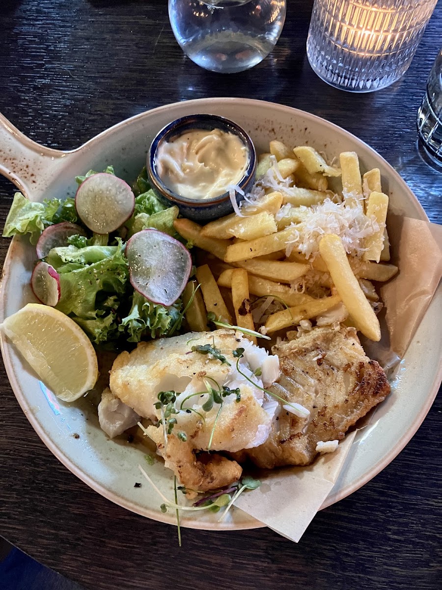 GF fish and chips.  I took the photo after i had a few bites.  Sorry it looks a bit messy! Delicious though