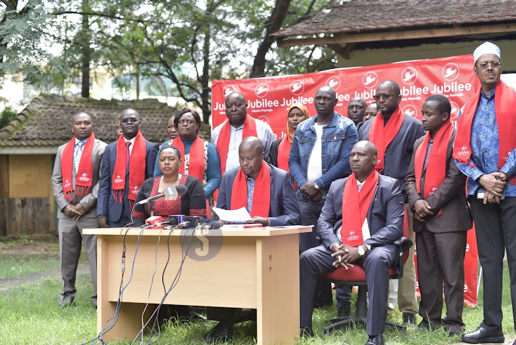 Kenya Kwanza-allied Jubilee members during media briefing by Jubilee Party National Executive Committee (NEC) in Kaputei Gardens Lavington on May 19, 2023.