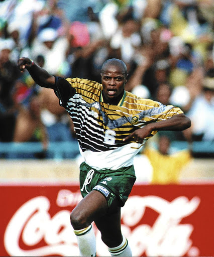 Phil Masinga celebrates a goal against Congo, which took SA to the 1998 World Cup.