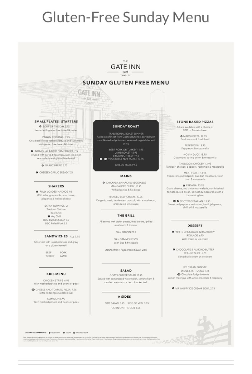 The Gate Inn gluten-free menu