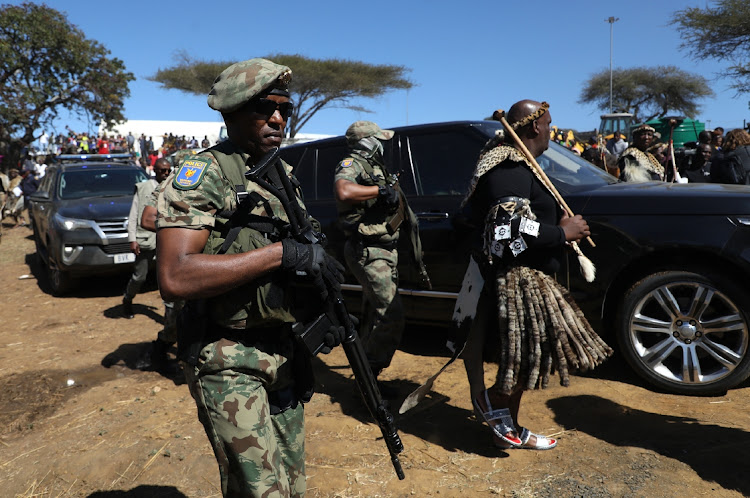 King Misuzulu kaZwelithini Zulu entering the kraal at KwaKhangelamankengane Royal Palace in KwaNongoma.