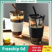 Cốc Ly Thuỷ Tinh Cao 450Ml Có Nắp Kèm Ống Hút Màu Hổ Phách, Ly Thuỷ Tinh Bọc Silicone Sang Trọng N02 K - House Smart