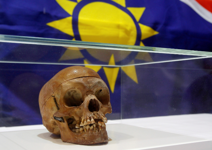 A human skull from the Herero and ethnic Nama people is displayed during a ceremony in the auditorium of Berlin's Charite hospital on September 30, 2011.