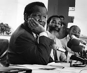 Oliver Tambo (ANC President), Thabo Mbeki (Publicity Secretary) and Alfred Nzo (Secretary General) during the ANC's 74th Anniversary press conference in Lusaka, Zambia in 1986.
