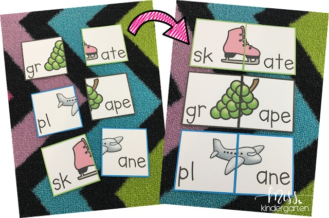 Word cards on the left side of the photo with incorrect word pairings. On the right side the cards spell out the words skate, grape, plane, with corresponding images from top to bottom.