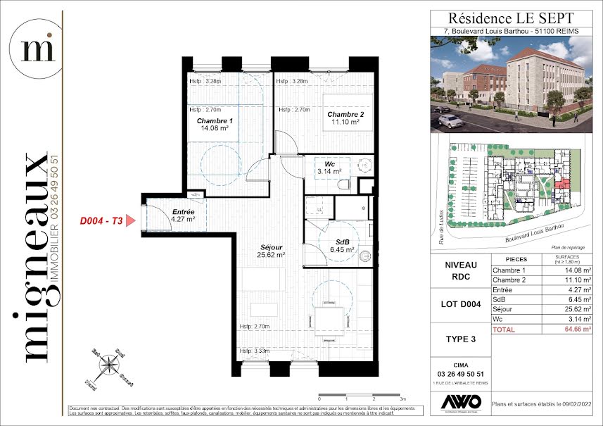 Vente appartement 3 pièces 64.81 m² à Reims (51100), 244 900 €