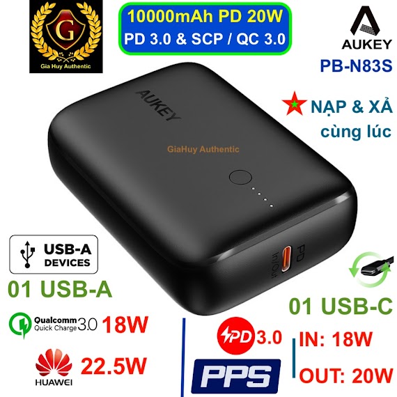 Pin Sạc Dự Phòng Ip12 Series Aukey Basix Mini Pb - N83S 10000Mah 01 Usb - C Pd 3.0 20W & 01 Usb - A Scp 22.5W/ Qc 3.0 18W