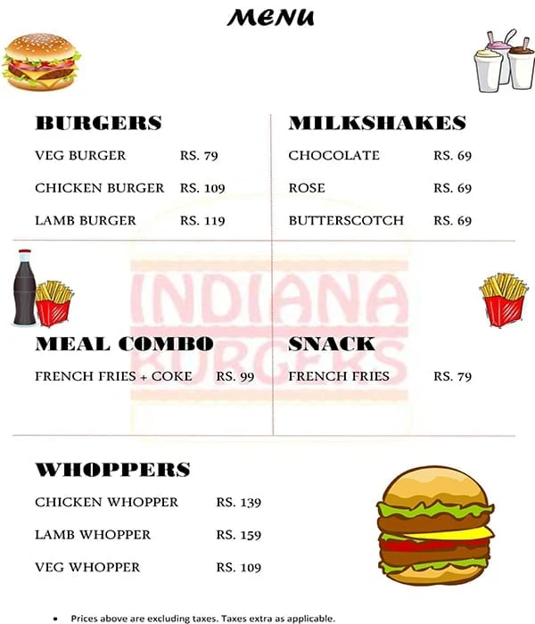 Indiana Burgers menu 