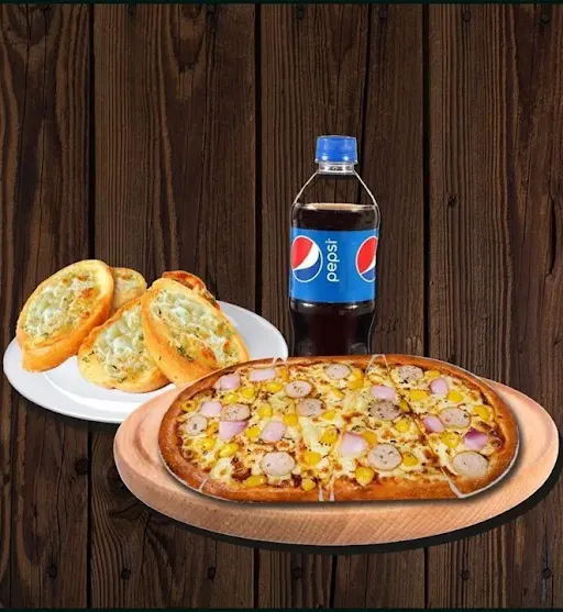 Regular-Chicken Sausage Pizza + Garlic Bread + Pepsi