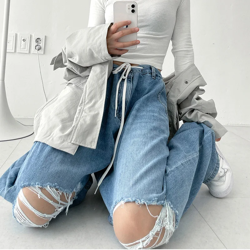 Pantalones holgados de mujer estilo hip hop, cintura alta irregular con rotos y lazo, ideales para un look casual y moderno
