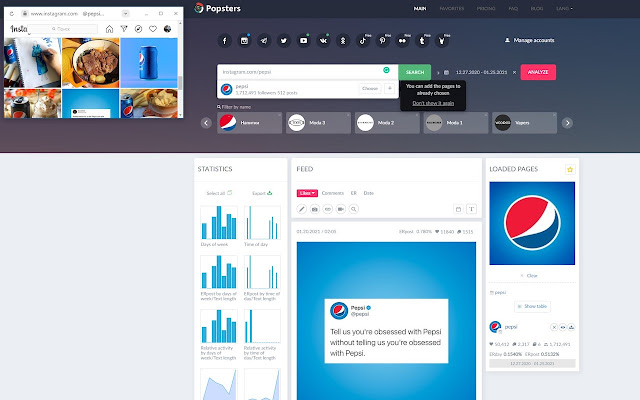 Popsters Addon for Instagram analysis chrome extension