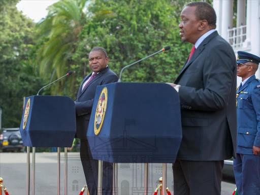 President Uhuru Kenyatta and his Mozambique counterpart Nyusi at State House, Nairobi, November 21, 2018. /PSCU