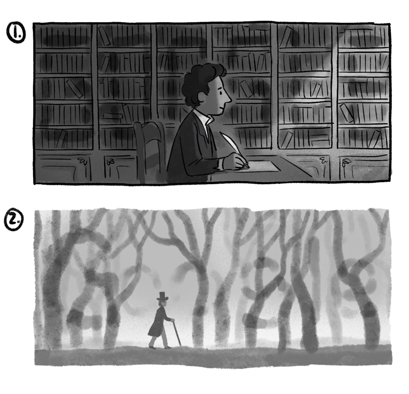 Two black and white sketches of Giacomo Leopardi. The top one is Giacomo sitting at a table writing and the bottom one is Giacomo walking through the woods holding a cane.