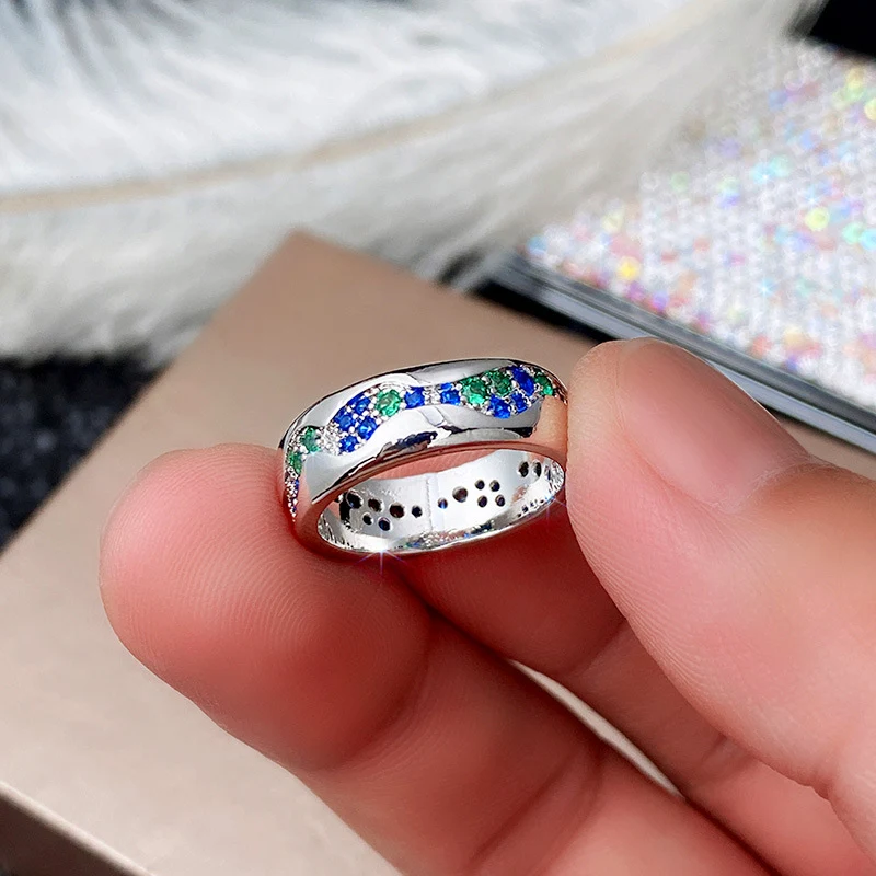 Title 4, Bague de couple en zircon bleu vert, tendance m...