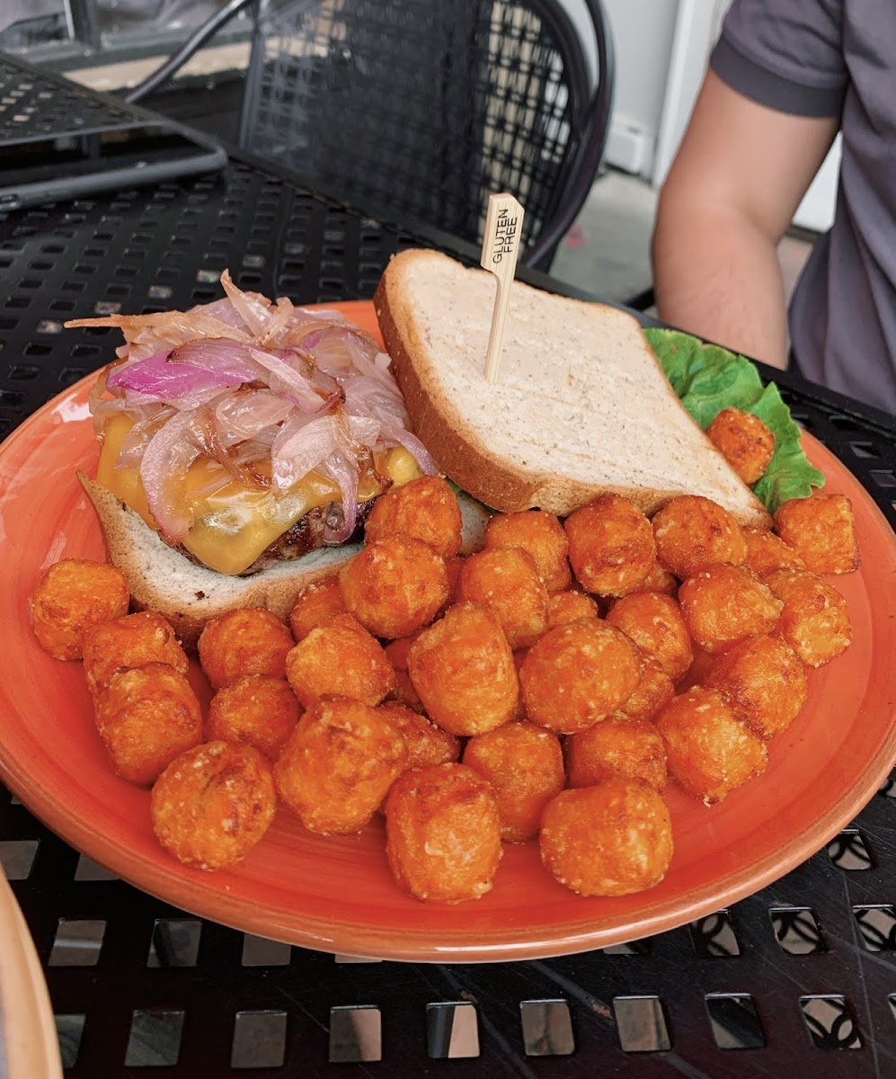 burger with sweet potato tater tots!!