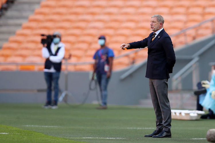 Animated and frustrated Kaizer Chiefs coach Stuart Baxter during the club's league match against Royal AM at FNB Stadium on September 18, 2021 in Johannesburg, South Africa.