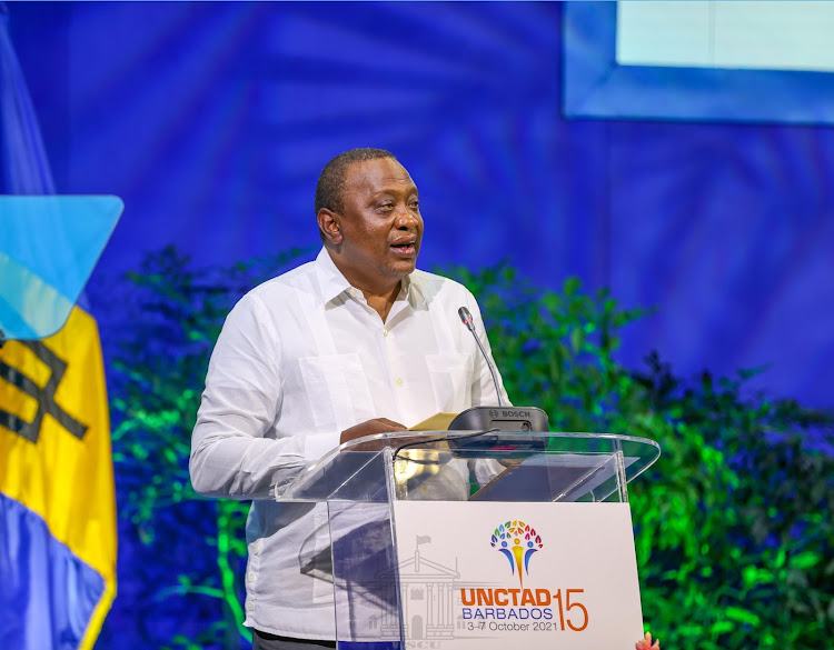 President Uhuru Kenyatta making his address during the 15th Session of UNCTAD taking place in Bridgetown, Barbados.