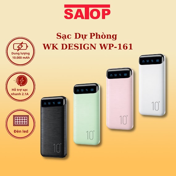 Sac Du Phong 10000 Mah Wk Design Wp - 161 Pin Dự Phòng Tích Hợp Đèn Led Hỗ Trợ Sạc Nhanh 2.1A - Satop Official