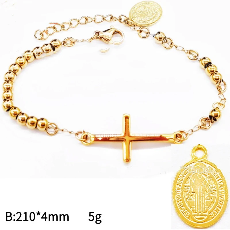 Title 5, Bracelet homme avec croix et perles en acier in...