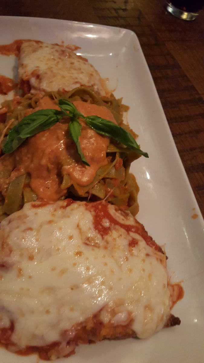 Chicken Parm with spinach fettuccine