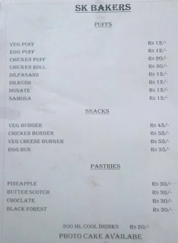 S.K. Bakers menu 