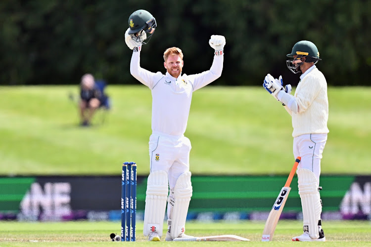 SA wicketkeeper-batter Kyle Verreynne celebrates his maiden hundred during day four of the second and final Test against New Zealand at Hagley Oval in Christchurch on Sunday. Picture: GETTY IMAGES/KAI SCHWOERER
