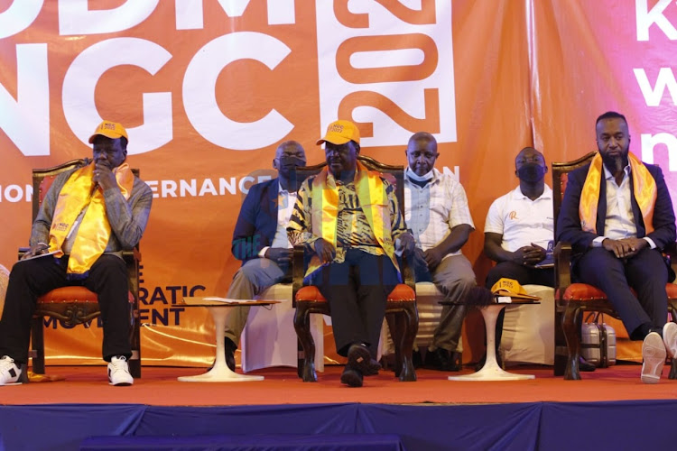 ODM party leader Raila Odinga, deputy party leaders Wycliffe Oparanya and Hassan Joho during the party's National Governing Council (NGC) meeting at Bomas of Kenya on February 25, 2022