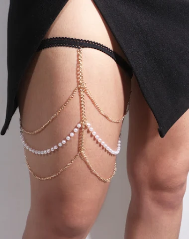 Women's Black Pearl Chain Leg Chain - 2