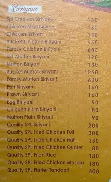 Quality Restaurant menu 