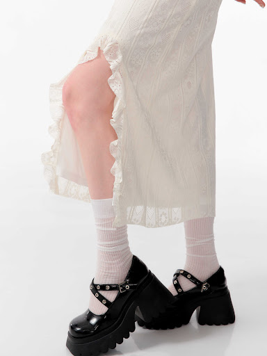 Title 8, High Waist Apricot Ruffled Lace Split Midi Skir...
