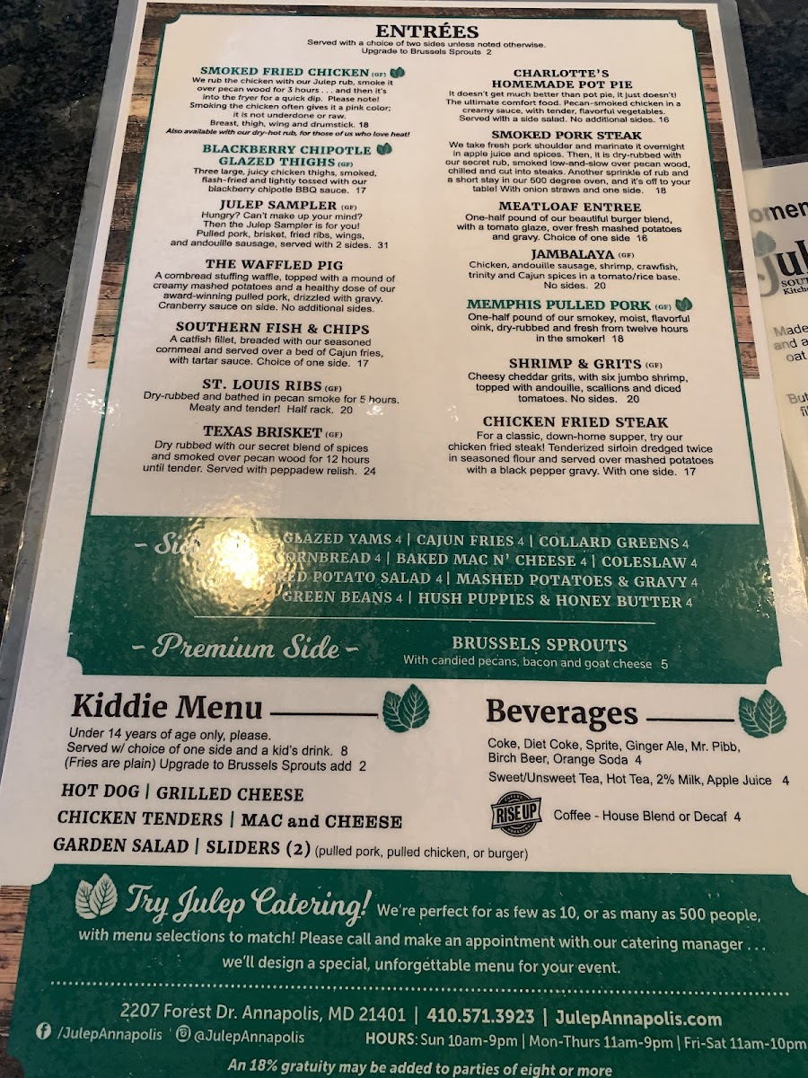 Julep Southern Kitchen & Bar gluten-free menu