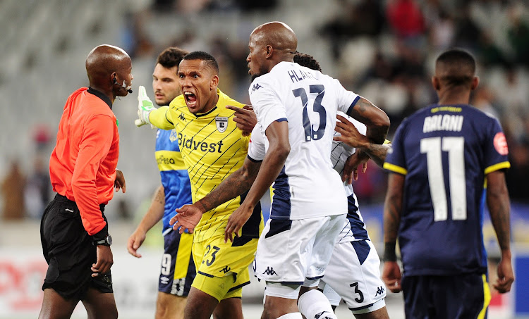 Ricardo Goss of Bidvest Wits argues with referee Masixole Bambiso during the Absa Premiership 2019/20 game between Cape Town City and Bidvest Wits at Cape Town Stadium on 18 January 2020.