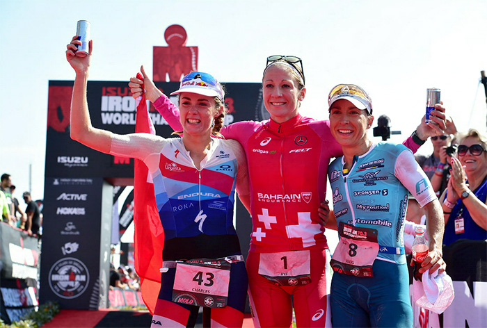 1 September 2018 - From left, Lucy Charles (2nd), Daniela Ryf (1st) and Anne Haug (3rd)