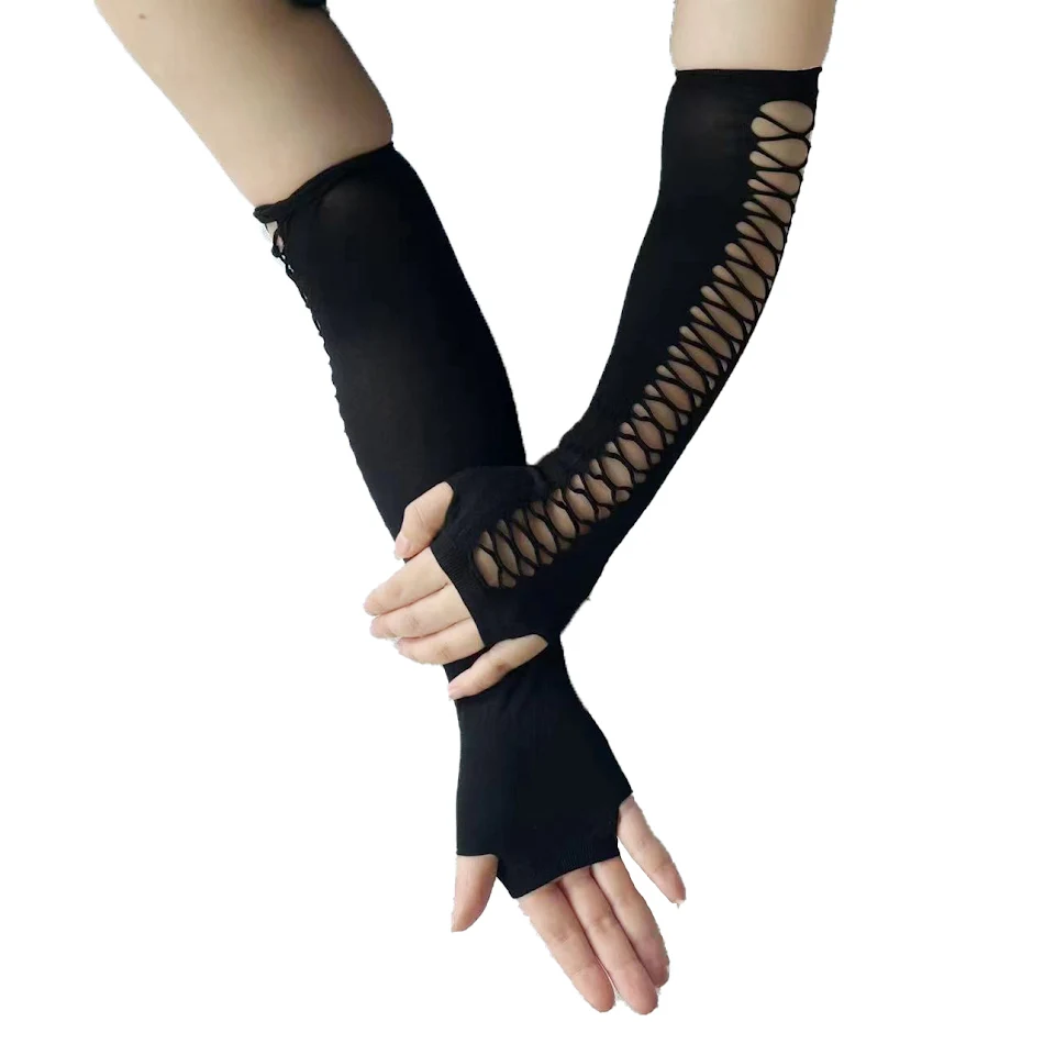 Luvas femininas de dedo plano, rasgadas, vazadas, com tela cruzada, elásticas e de comprimento médio, para um visual estiloso e confortável.