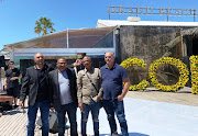 Nafiz Modack, Colin Booysen, Ashley Fields and Jacques Cronje outside Grand Africa Cafe and Beach on February 20 2020 after they were acquitted of extorting the establishment at the V&A Waterfront in Cape Town.