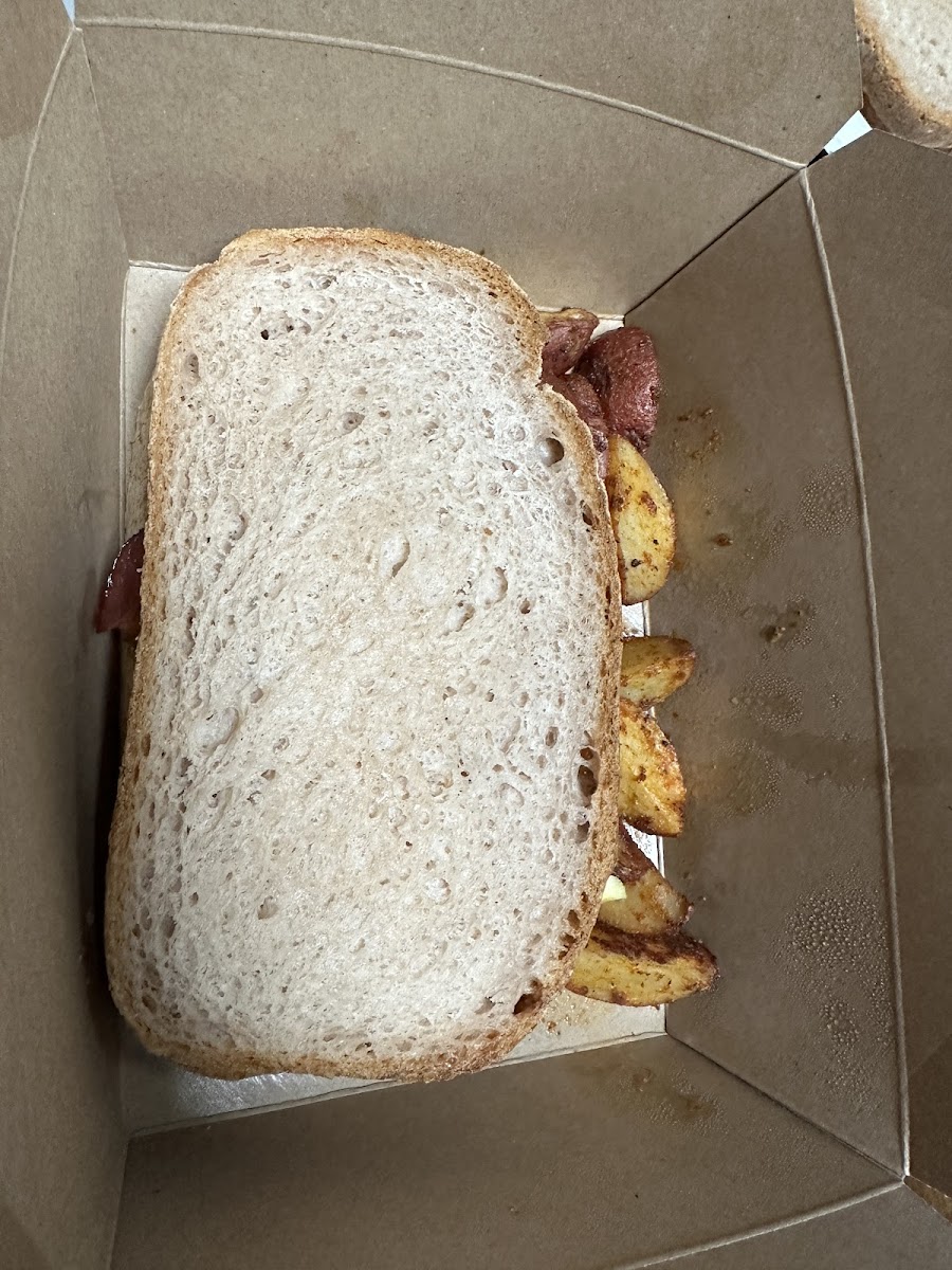 Breakfast sandwich with gluten free bread and potatoes
