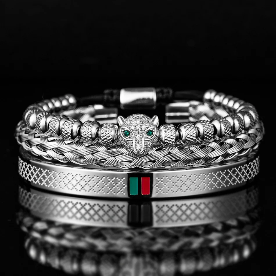 Micro-ingelegde luipaardkop armbandset in roestvrij staal. Verhoog je stijl met deze opvallende armband. Een uniek en luxueus accessoire.