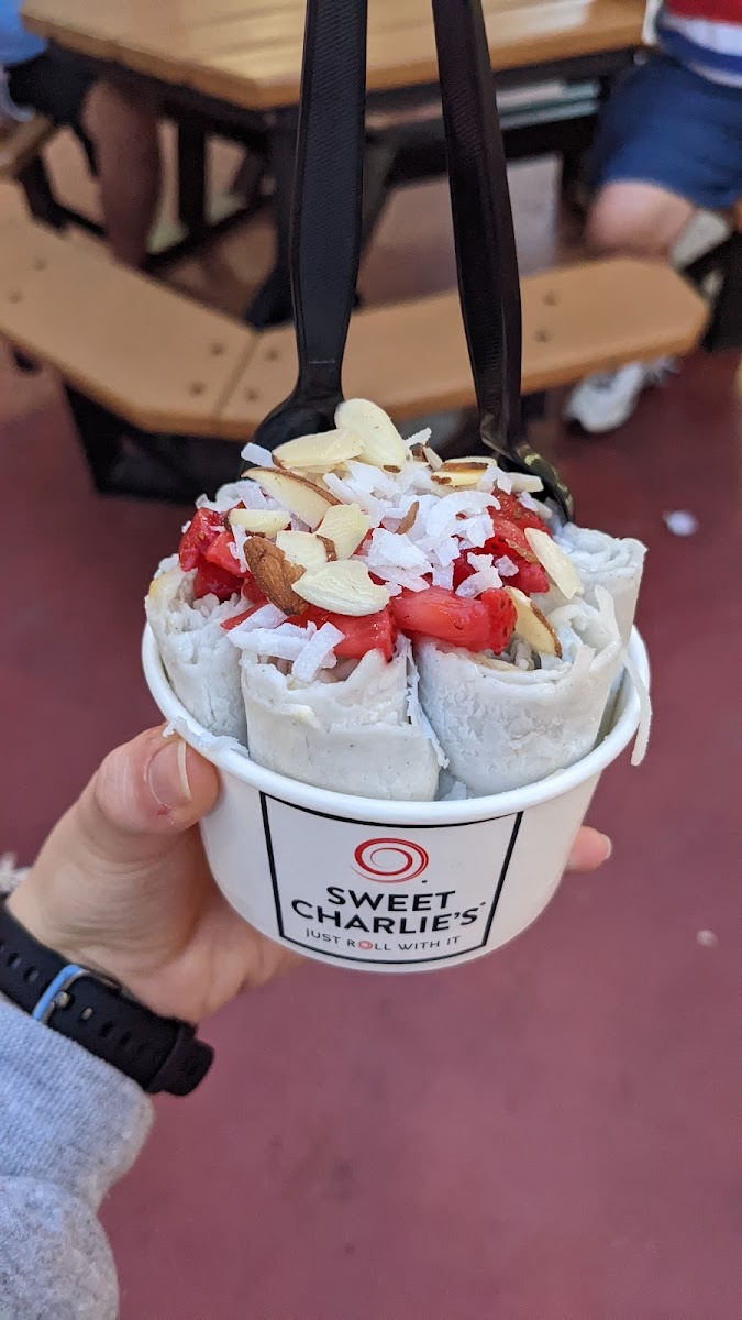 vegan so-cal rolled ice cream with strawberries, coconut, and almonds