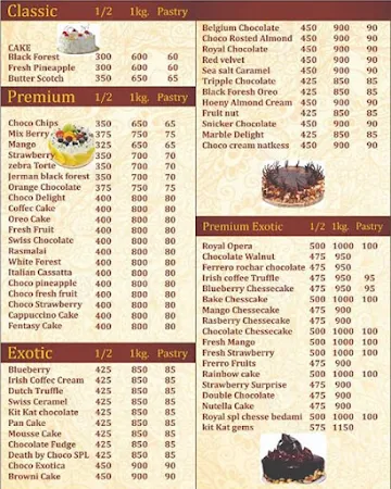 Royal Pro Cake & Baker's menu 