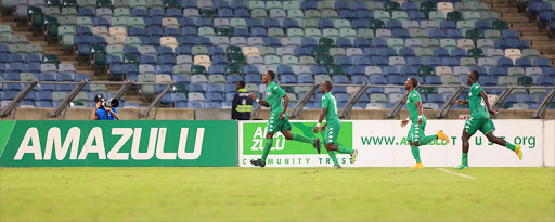 AmaZulu celebrate their final goal in the three goal spankings they gave Bidwest Wits. Picture Credit: Thuli Dlamini