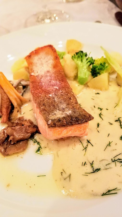 Pan fried trout with dill cream and pickled mushrooms. I loved the crispy skin contrast with the delicate fish, and the dill cream with the acidity of the pickled mushrooms. A 2017 Carl Loewen Alte Reben Riesling brought a surprising sweet yet mineral backbone wine pairing. Restaurant Krebsegaarden in Copenhagen