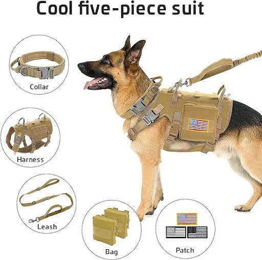 Tactical Military Dog Harness Collar Leash Set Durable Big Dog Training Harness Vest MOLLE For Large Dogs With Pouches F