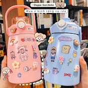 Bình Nước Giữ Nhiệt Cute Có Sticker Và Ống Hút Kiểu Dáng Dễ Thương - Bình Giữ Nhiệt Sticker 900Ml Cho Bé Inox 304 Xịn