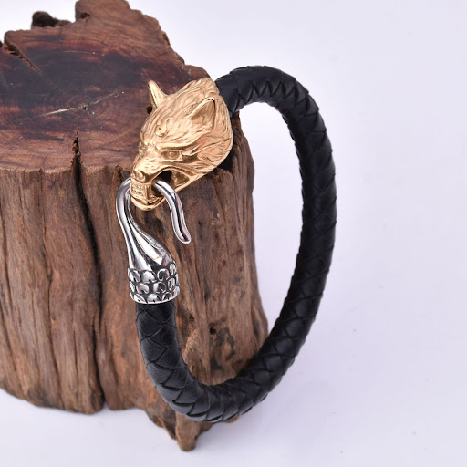Title 3, Viking Mens Stainless Steel Wolf Head Leather ...